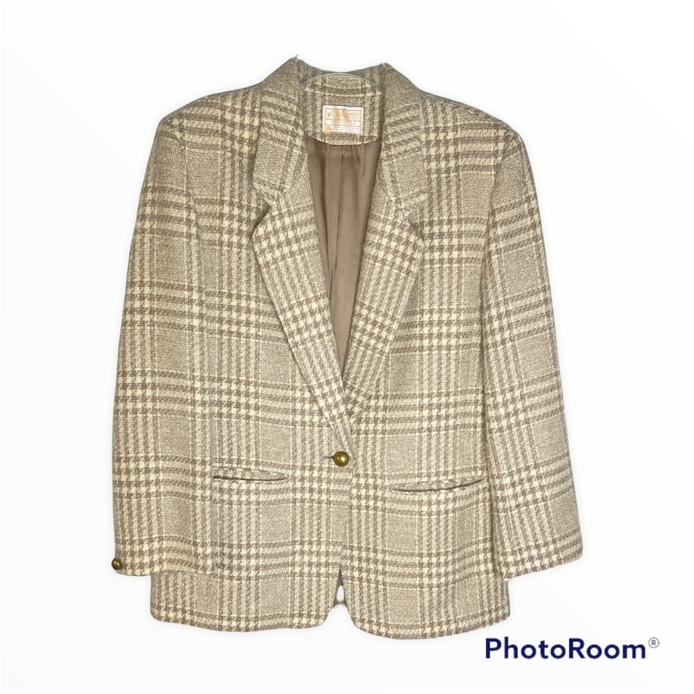 Vintage Pendleton Fuzzy Wool Tan/Cream Houndstooth Plaid Blazer size 14
